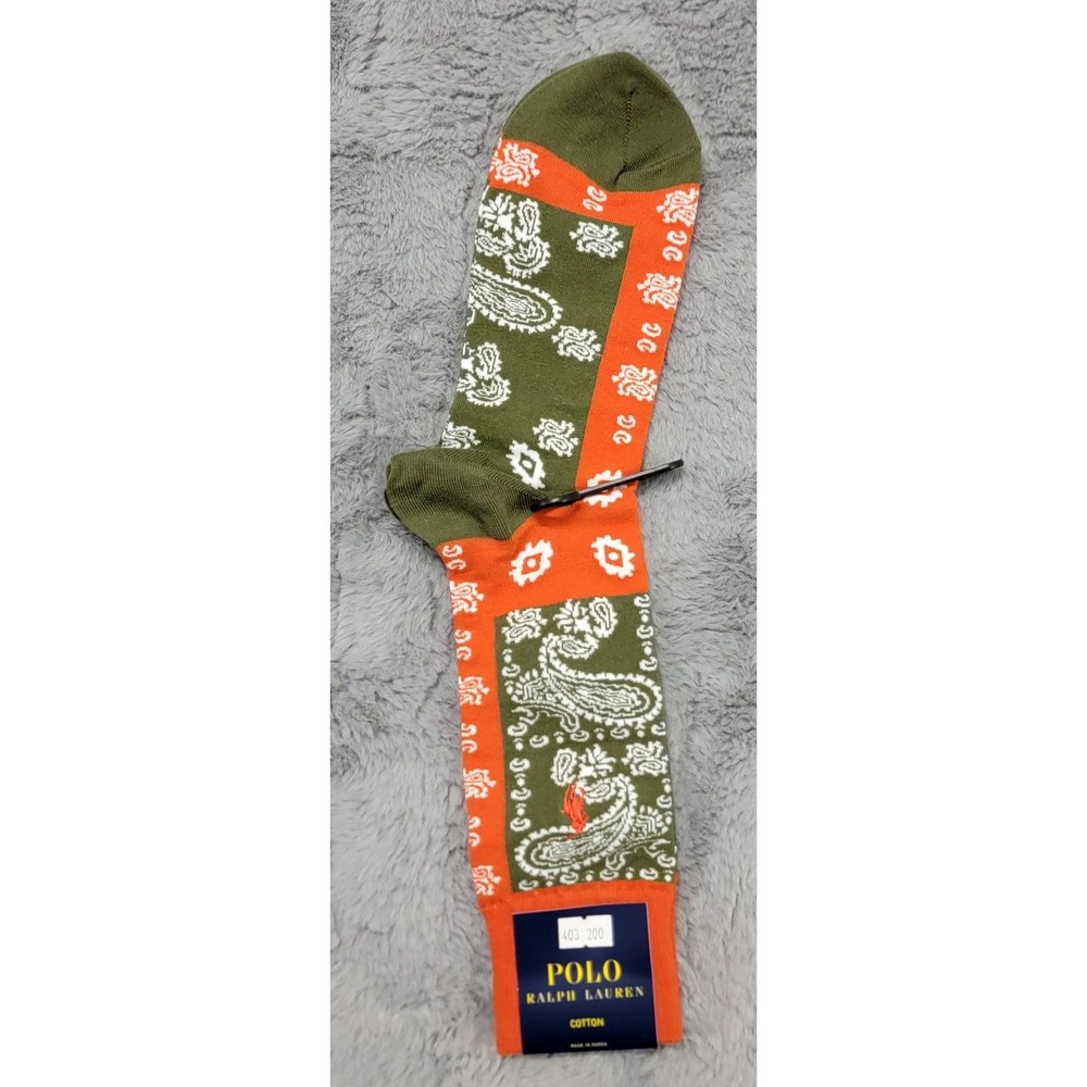 Polo Ralph Lauren Socks Mens 10-13 Green Pumpkin Orange Paisley Pony Crew